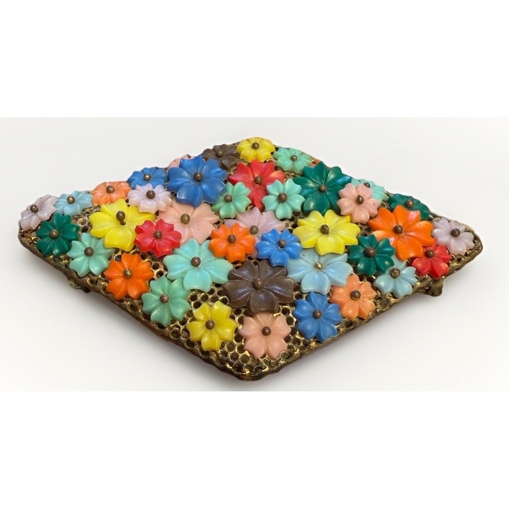 Early Miriam Haskell Vintage 1930s Celluloid Flower Brooch Wired Brass 3 1/2"